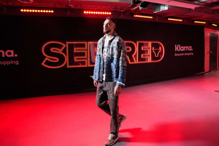 Chicago Bulls guard Zach LaVine (8) walks into the United Center before a game against the Charlotte Hornets.